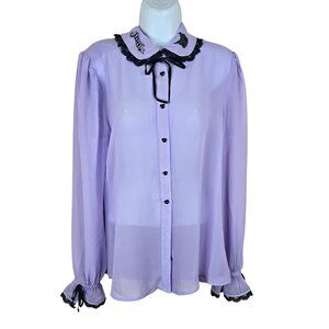 Sanrio Kuromi Sheer Lavender Button-Up Blouse Black Lace Collar Womens L Purple
